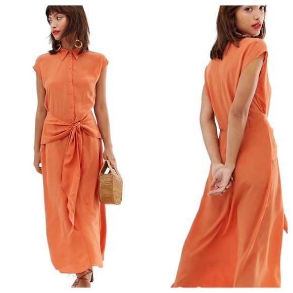 & Other Stories Salmon Orange Waist Knot Midi Dress in Viscose - Size Medium - Picture 1 of 9